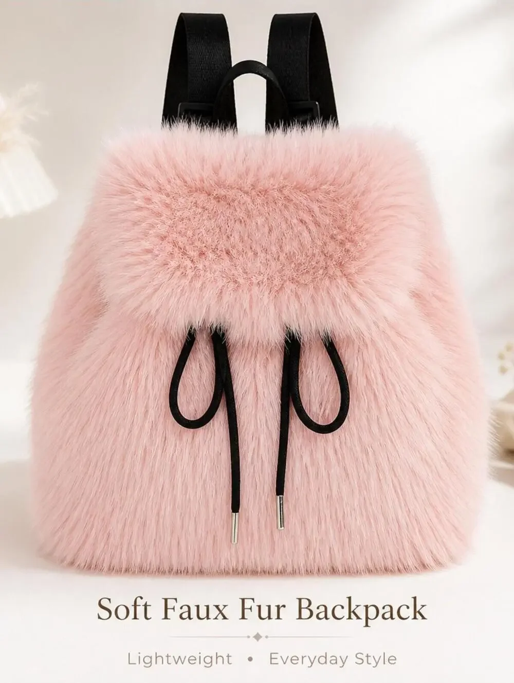 Blush Pink Faux Fur Backpack | Soft Plush Mini Bag | Trendy Drawstring Purse